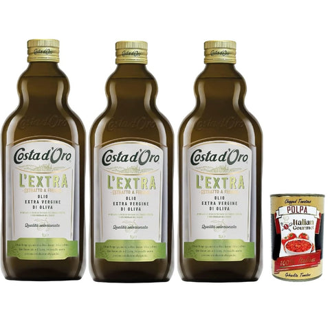 Costa d'oro Oliven Costa d'oro Extra, die zusätzliche 1l. Kälte extrahiert extrahiertes Olivenöl extrahiert. Ausgewogener Geschmack, geeignet für alle Rezepte und als Salatgewürz, 3x 1 lt Original italienisch inkl. Italian Gourmet Polpa 400g 8007270110158