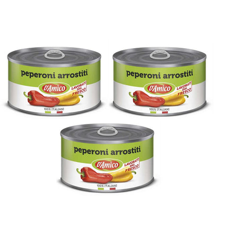 D'amico Peperoni Arrostiti Interi e Spellati Ganze und Geschälte Geröstete Peperoni Frisch Verarbeitet 3x 400g italienisch Original