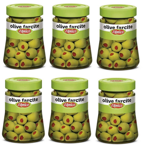 D'amico Olive Verdi Farcite con Pasta di Peperoni Grüne Oliven in Salzlake Gefüllt mit Peperonipaste 6x 290g italienisch Original