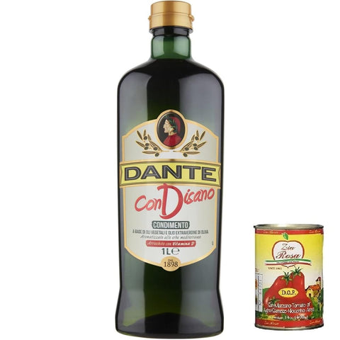 Dante Öl & Essig Dante Condisano, Mischung aus Pflanzenölen und nativem Olivenöl extra, angereichert mit Vitamin D. 1000ml 3x Original italienisch inkl. Zia Rosa DOP Pomodoro San Marzano Dose von 400g 8033576196374