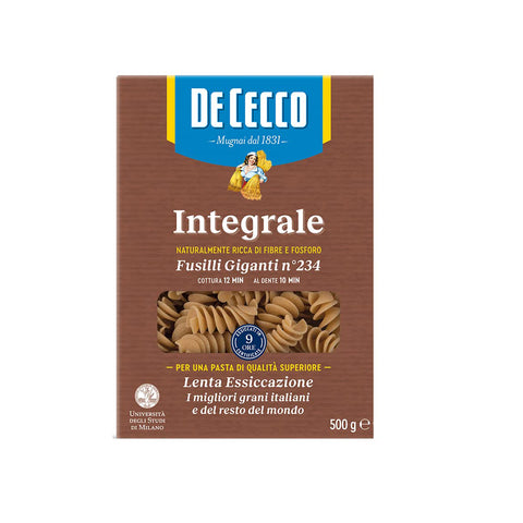 De Cecco Fusilli Giganti n° 234 Integrali Vollkornnudeln Nudeln Hartweizengrieß Pasta Vollkorn Packung 500 g 12x italienisch Original