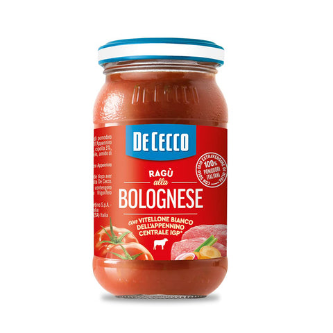 De Cecco Ragù alla Bolognese con Vitellone Bianco dell’Appenino Centrale IGP Sauce mit weißem Rindfleisch aus dem zentralen Apennin IGP mit 100% italienischen Tomaten 190 g italienisch Original