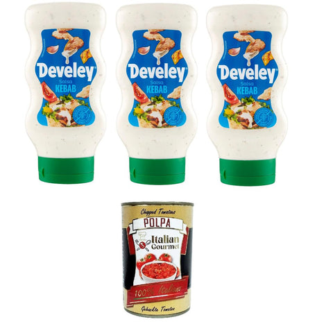 Develey Salsa Sauce squeeze KEBAB Wiederverschließbare Verpackung 3x410 ml italienisch Original + kostenlos polpa 400 g
