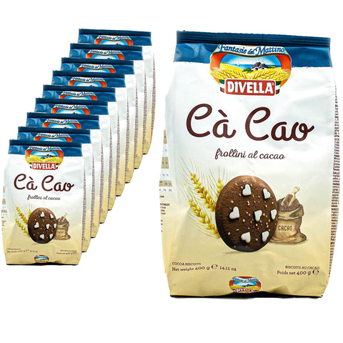 Divella 10er Pack Cà Cao frollini al cacao in 400 g Packung - Biscuits Chip Cookies Butter Kekse mit Kakao und Zuckerkristallen veredelt traditionell italienisch (Süßigkeiten aus Italien) Original italienisch