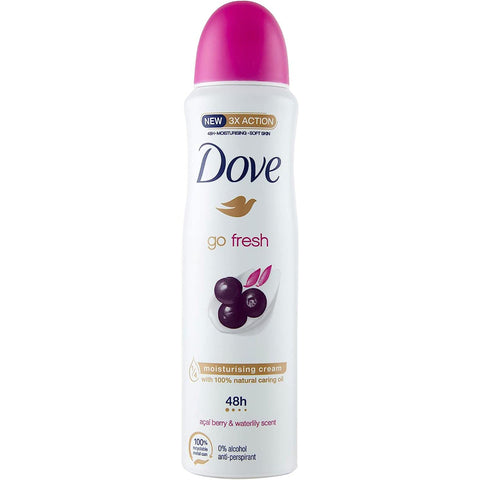 12x Dove deo Go Fresh Deodorant Spray Açaí und Lotusblüte Antitranspirant, Alkoholfrei 48 Stunden 150 ml + Italian Goumet Polpa 400 g italienisch Original