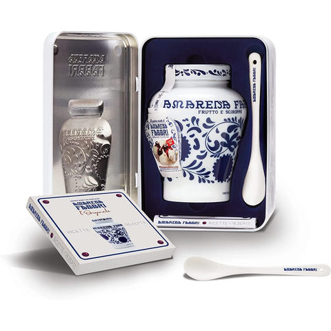 Fabbri Koch- & Backzutaten Fabbri Fabbri Amarena Geschenkset (1 Vase Fabbri Opaline Amarena 1 Keramiklöffel 1 Rezeptbuch) Weiß und Blau 1 600 G italienisch Original 8001780498294