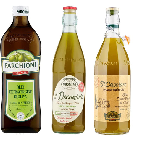 Testpaket Farchioni Classico Natives Olivenöl Extra 1 Lt Il casolare grezzo 1 Liter Il decantato 750 ml italienisch Original Pastasauce + kostenlos polpa 400 g