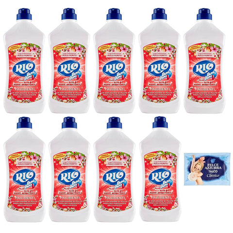 Felce azzurra 9er - Pack RIO Bum Bum Pavimenti, Bodenreiniger mit Alkohol, Pfirsichblüte Duft, 1Lt + 1er - Pack Kostenlos Felce azzurra Talkumpuder, - Beutel 100g Original italienisch