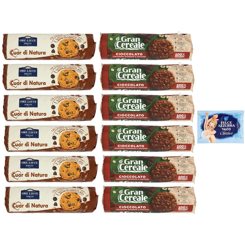Felce Azzurra 12er Pack Testpaket Biscotti Cereali Cioccolato Ore Liete Gran Cereale Kekse mit Müsli und Schokoladen 250g + 230g italienisch Original