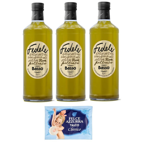 Felce azzurra 3er - Pack Basso Fedele Ungefiltertes Natives Olivenöl Extra, Olio Extra Vergine di Oliva Non Filtrato, 1Lt Glasflaschen + 1er - Pack Kostenlos Felce azzurra Talkumpuder, - Beutel 100g Original italienisch