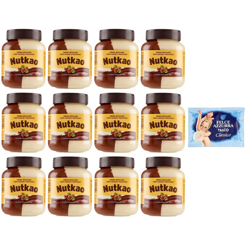 Felce Azzurra Pack Nutkao Crema Bicolore Cacao,Nocciole e Vaniglia,Streichfähige Creme Kakao mit Haselnüssen und Vanille, 400 g Glas + 1er Pack Kostenlos Felce Azzurra Talkumpuder, 100 g Beutel italienisch Original