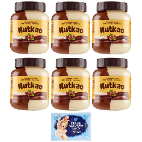 Felce Azzurra Pack Nutkao Crema Bicolore Cacao,Nocciole e Vaniglia,Streichfähige Creme Kakao mit Haselnüssen und Vanille, 400 g Glas + 1er Pack Kostenlos Felce Azzurra Talkumpuder, 100 g Beutel italienisch Original