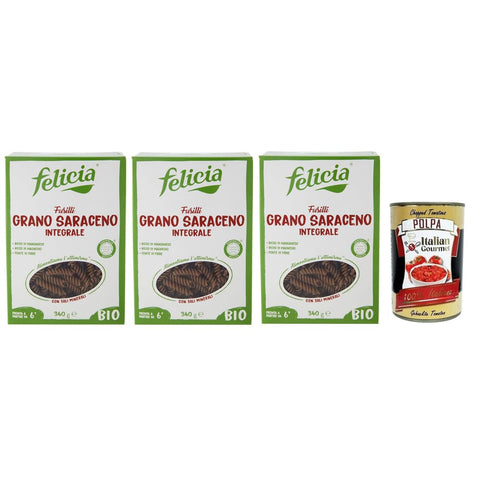 Felicia Nudeln & Pasta Felicia Fusilli di Grano Saraceno Integrale,Pasta mit 100% Bio-Buchweizen,Bio und Natürlich Glutenfrei,Packung mit 340g 3x Original italienisch inkl. Italian Gourmet Polpa di Pomodoro 400g Dose 8032804432017