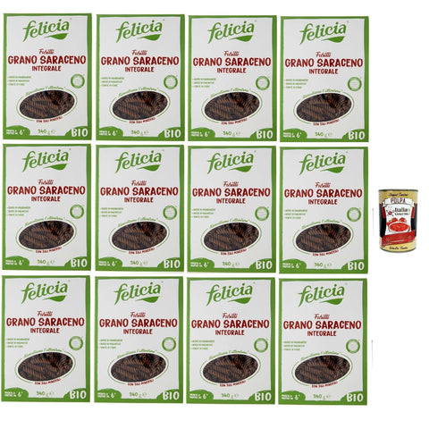 Felicia Fusilli di Grano Saraceno Integrale,Pasta mit 100% Buchweizen, Natürlich Glutenfrei,Packung mit 12x 340g Original italienisch inkl. Italian Gourmet Polpa di Pomodoro 400g Dose