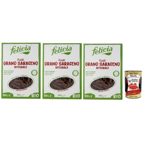 Felicia Nudeln & Pasta Felicia Fusilli di Grano Saraceno Integrale,Pasta mit 100% Buchweizen, Natürlich Glutenfrei,Packung mit 3x 340g Original italienisch inkl. Italian Gourmet Polpa di Pomodoro 400g Dose 8032804432017