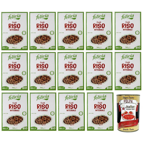 Felicia Nudeln & Pasta Felicia Fusilli di Riso Integrale,Pasta mit 100 % braunem Reis aus der italienischen Lieferkette,Bio und Natürlich Glutenfrei,Packung mit 340g 14x Original italienisch inkl. Italian Gourmet Polpa di Pomodoro 400g Dose 8032804435643