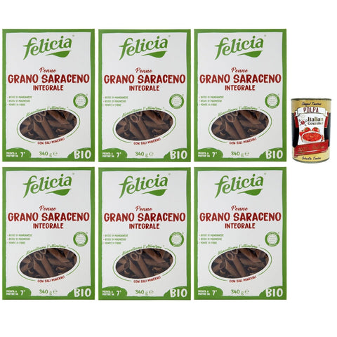 Felicia Penne di Grano Saraceno Integrale,Pasta mit 100% Buchweizen, Natürlich Glutenfrei,Packung mit 6x 340 g italienisch Original