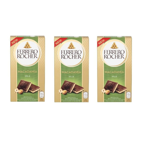 Ferrero Riegel 3x Ferrero Rocher Macadamia Milk Nocciola & Noci di Macadama 90g, Milchschokolade mit Haselnüssen und Macadamianüssen SONDERANGEBOT 8000500447833