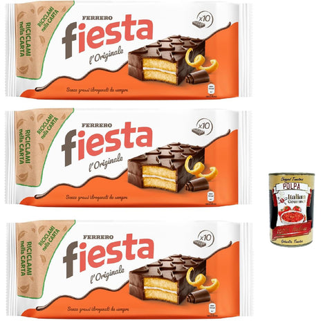 Ferrero Fiesta, 10 Snacks Schwammkuchen mit Schokolade, zartem orangefarbenem Geschmack, ausgezeichnet für Frühstück und Snack, 3x 360 g italienisch Original