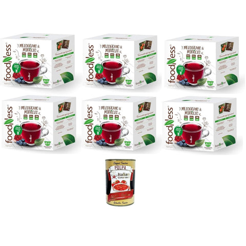 Foodness Früchtetee Foodness Heidelbeer- und Granatapfel-Kräutertee-Kapsel Dolce Gusto-kompatibles glutenfreies Getränk mit saurem und säuerlichem Geschmack 6 box mit 10 kapseln Original italienisch inkl. Italian Gourmet Polpa 400g 8032804040014