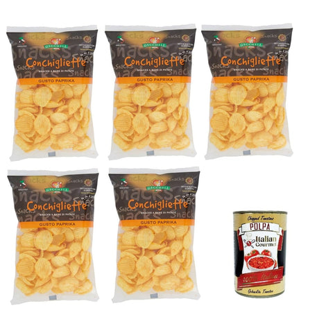 Gecchele Conchigliette Paprikageschmack Abgepackte Gebäckstücke Gecchele Conchigliette Paprikageschmack Snack auf Kartoffelbasis 5x 100gr Original italienisch inkl. Italian Gourmet Polpa 400g 8015854170320