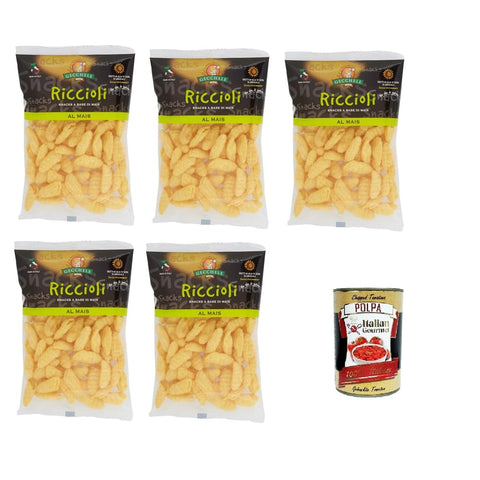 Gecchele Riccioli Abgepackte Gebäckstücke Gecchele Riccioli snack a base di Mais Snack auf Maisbasis 5x100gr Original italienisch inkl. Italian Gourmet Polpa 400g 8015854170382