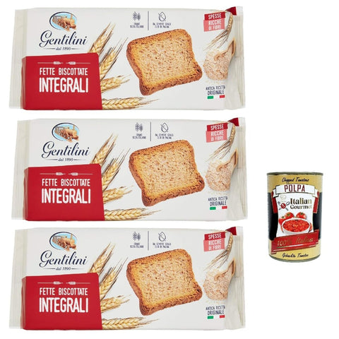 Gentilini Chips Gentilini Fette Integrali, Vollkorn-Zwieback Brot Backwaren reich an Ballaststoffen 100% Italienisches Produkt 3x 175g Original italienisch inkl. Italian Gourmet Polpa 400g 8032804040014