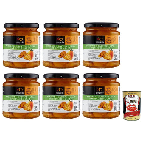 Grangusto Pomodorini Datterini Gialli Semi Secchi in Olio Halbgetrocknete Gelbe Dattel Tomaten in Öl Tomate Glas 6x 280g italienisch Original