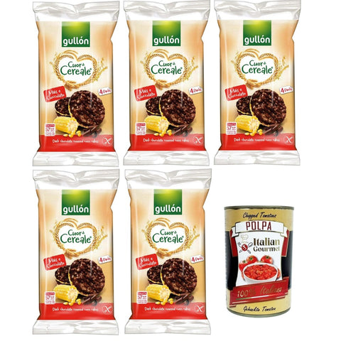 Gullon Flips Gullon Cuor di Cereale Gallette di Mais Ricoperte di Cioccolato Fondente Cuor di Cereal Maiskuchen mit dunkler Schokolade überzogen 5x100gr Original italienisch inkl. Italian Gourmet Polpa 400g 8032804040014
