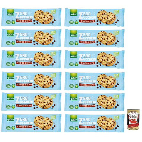 Gullon Gullón Choco Chips Senza Zuccheri Kekse mit Schokoladenstückchen Zuckerfreie Packung mit 150 g 12x italienisch Original Kartoffelchips + kostenlos Polpa di