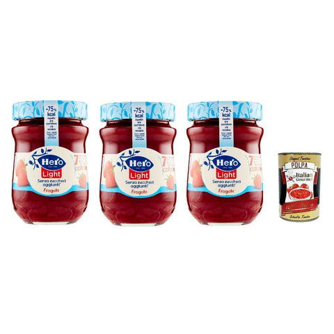 Hero Fruchtaufstrich Hero Light Konfitüre Leichte Brotaufstriche Erdbeeren, Extra-Marmelade und Konfitüre mit hochwertigen Früchten, ohne Zuckerzusatz und sehr wenig Kalorien 3x 280 g Original italienisch inkl. Italian Gourmet Polpa 400g 8032804040014