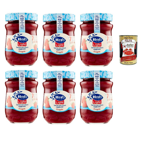 Hero Fruchtaufstrich Hero Light Konfitüre Leichte Brotaufstriche Erdbeeren, Extra-Marmelade und Konfitüre mit hochwertigen Früchten, ohne Zuckerzusatz und sehr wenig Kalorien 6x 280 g Original italienisch inkl. Italian Gourmet Polpa 400g 8000080004327