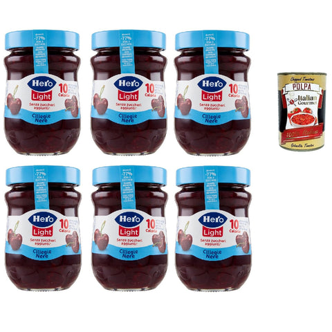 Hero Light Konfitüre Leichte Brotaufstriche Schwarze Kirschen, Extra Marmelade und Konfitüre mit hochwertigen 6x280g Original italienisch Gebäck
