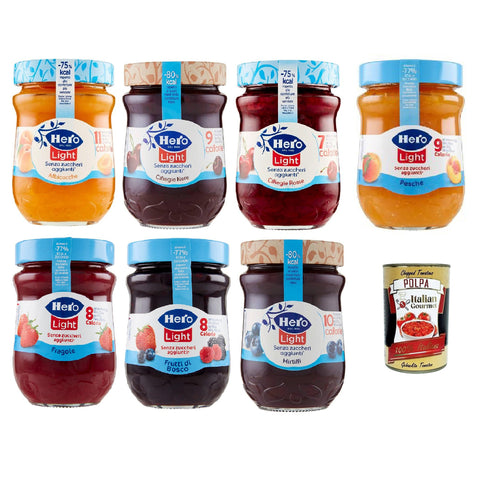 Hero Light Konfitüre Leichte Brotaufstriche Testpaket, Extra Marmelade und Konfitüre mit hochwertigen Früchten, ohne Zuckerzusatz und sehr wenig Kalorien 7x 280 g italienisch Original