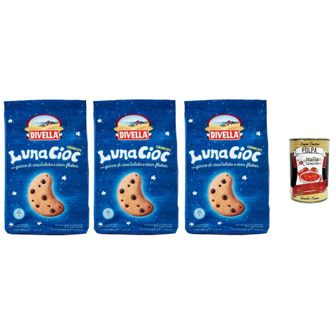 Divella Lunacioc CRUNCHY Knusprige Kekse mit Schokoladensplittern 350 g 3x italienisch Original + kostenlos polpa 400 g
