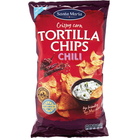Santa Maria Chili Tortilla Chips, knusprige und dünne Maisblätter, in Spalten geschnitten und frittiert, ideal als Snack, Vorspeise oder Aperitif, 185 g italienisch Original