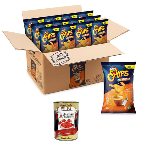 Aperisnack Patatine Grigliate Monoporzione Grilled Chips Einzelportion Karton mit 25 g 40 Stück italienisch Original Kartoffelchips + kostenlos polpa 400 g