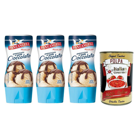 Paneangeli Salsa di guarnizione al gusto Cioccolato,Topping-Sauce mit Schokoladengeschmack,200g-Tube 3x Original italienisch inkl. Italian Gourmet Polpa di Pomodoro 400g Dose