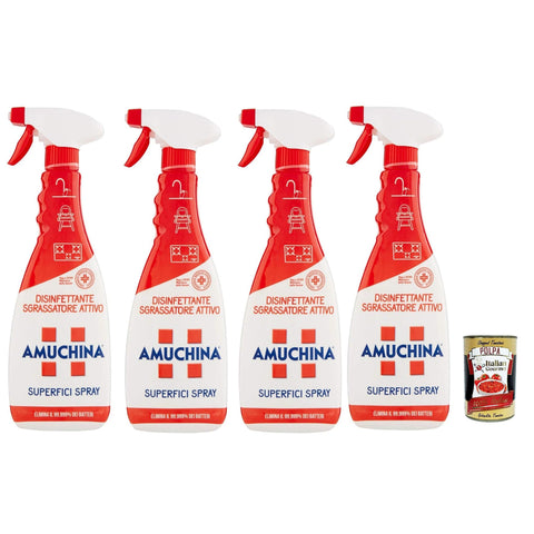 AMUCHINA Sgrassatore Attivo Superfici Spray,Aktiv-Entfetter - Entfernt bis zu 100% verkrustetes Fett - Reinigungsmittel Spray 4x 750ml Original italienisch inkl. Italian Gourmet Polpa 400g