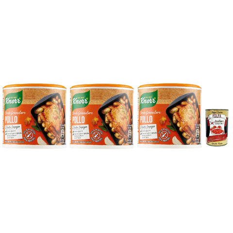 Knorr Brodo Granulare Pollo granulierte Hühnerbrühe, Nachhaltige Gemüsebrühe, glutenfrei, Laktose und Konservierungsmittel, für Suppen und gegrilltes Fleisch 3x 150g inkl. Italian Gourmet polpa 400g Original italienisch