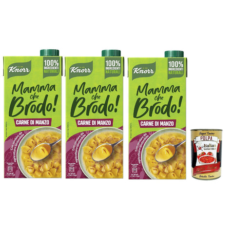 Knorr Mamma Che Brodo! Rindfleisch - Bereitsbrühe 100% natürliche Zutaten, glutenfrei, Laktose und Farbstoffen, mit nachhaltigem Landwirtschaftsgemüse 3x 1l inkl. Italian Gourmet polpa 400g Original italienisch