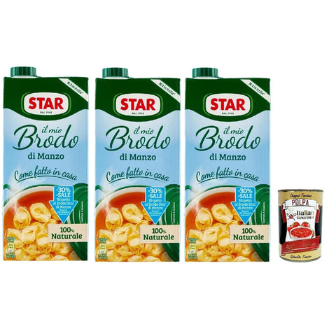 Star Il Mio Brodo di Manzo - 30% salz,, Bereit - hergestellte flüssige Brühe, 100% natürlich, ohne Konservierungsstoffe, Gluten - freie und hinzugefügte glutamatfreie 3x 1L inkl. Italian Gourmet polpa 400g Original italienisch