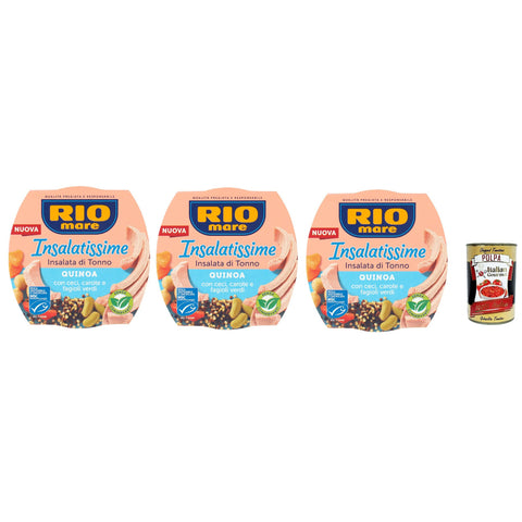 Rio Mare Insalatissime di tonno Gusto Quinoa, Tuna Salad, Thunfischsalat mit Quinoa, Kichererbsen, Karotten und grünen Bohnen 3x 220 g inkl. Italian Gourmet polpa 400g Original italienisch