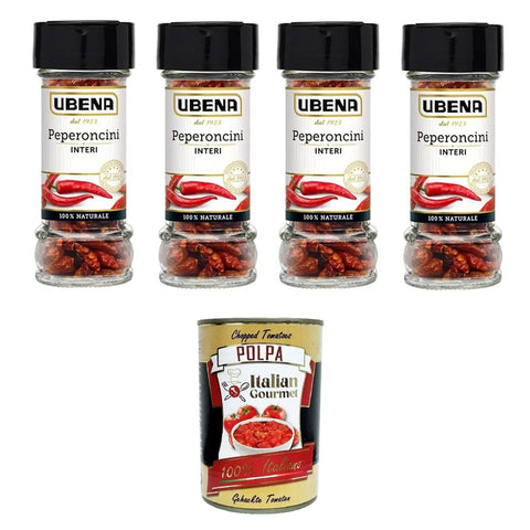 UBENA Peperoncini UBENA, Peperoncini Interi, Ganze Chilischoten, Intensive Schärfe, Ideal für exotische Gerichte, Gyros und Chili con Carne, Vase aus Glas 4x12g inkl. Italian Gourmet polpa 400g Original italienisch