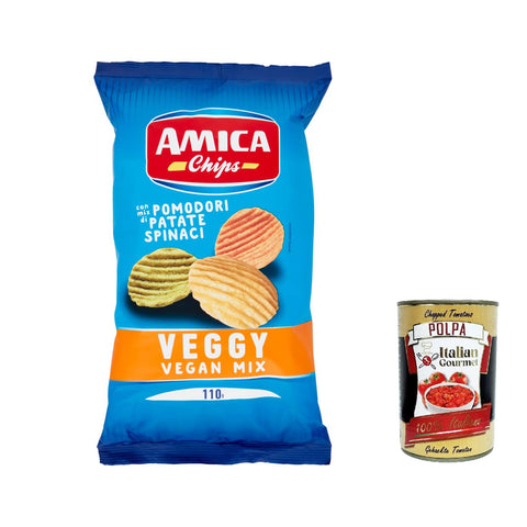 Amica chips Veggy Vegan Mix con mix di Pomodori Patate Spinaci, Chips mit einer Mischung aus Tomaten, Kartoffeln, Spinat 10x 110 g inkl. Italian Gourmet polpa 400g Original italienisch