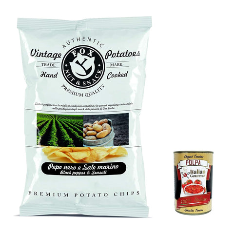 FOX Natural Quality Vintage Potatoes schwarzer Pfeffer und Meersalz, Premium italienische handgefertigte Kartoffel crisps chips 120g 10x Original italienisch inkl. Italian Gourmet Polpa 400g