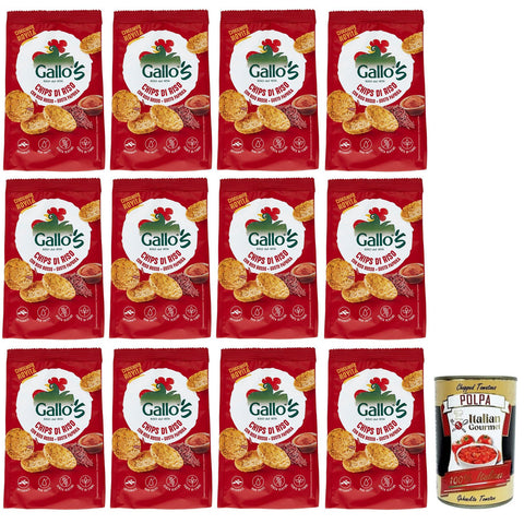 Gallo Riso Chips con Riso Rosso,Snack mit Vollkorn Rotem Reis und Paprika Geschmack,40g-Beutel 12x Original italienisch inkl. Italian Gourmet Polpa di Pomodoro 400g Dose
