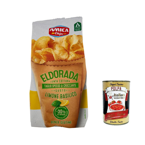 Amica chips Eldorada Salzige Kartoffelchips mit Zitrone und Basilikum 130g glutenfreie knusprige Kartoffel chips 20x Original italienisch inkl. Italian Gourmet poplpa 400g