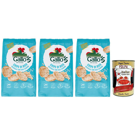 Riso Gallo Chips con Riso Integrale e Sale Marino,Snack mit Braunem Reis und Meersalz,40g-Beutel 3x Original italienisch inkl. Italian Gourmet Polpa di Pomodoro 400g Dose