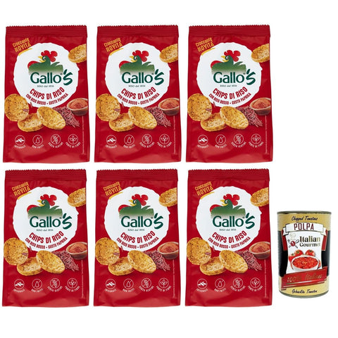 Riso Gallo Chips con Riso Rosso,Snack mit Vollkorn Rotem Reis und Paprika Geschmack,40g-Beutel 6x Original italienisch inkl. Italian Gourmet Polpa di Pomodoro 400g Dose